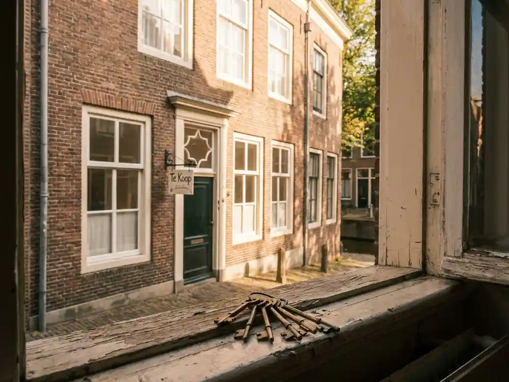 Verweerd grachtenpand in Alkmaar met Te Koop-bord, oude messing sleutels op houten vensterbank, bakstenen gevel in middaglicht.