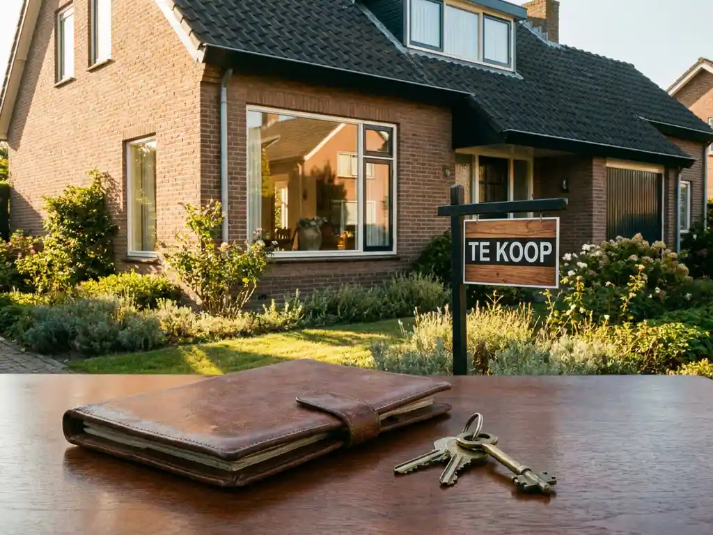 Nederlandse woning met Te Koop-bord in voortuin, met leren portfolio en huissleutels op houten tafel op de voorgrond.