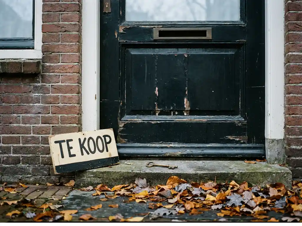 Verweerde houten voordeur van Nederlands rijtjeshuis met Te Koop-bord, huissleutel op drempel en herfstbladeren op de stoep.