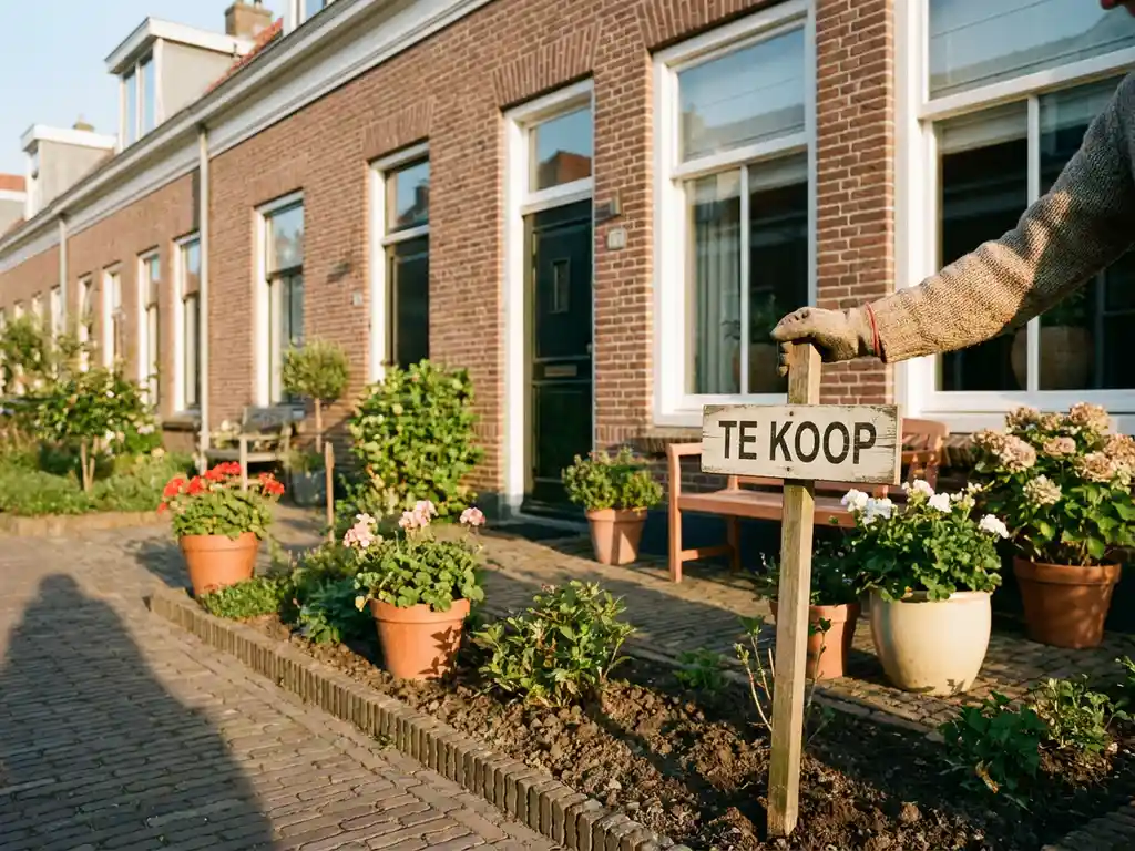 Huiseigenaar plaatst Te Koop-bord in voortuin van Nederlandse rijtjeswoning met bakstenen gevel en witte kozijnen.