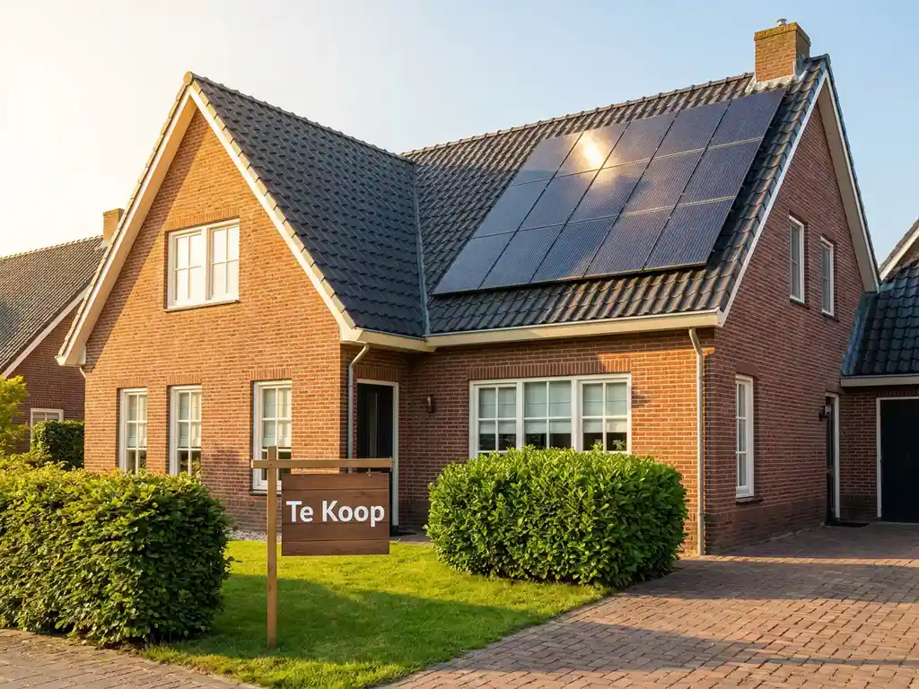 Nederlands huis met zonnepanelen op dak en Te Koop-bord op gazon, rode bakstenen gevel met witte kozijnen in middagzon.