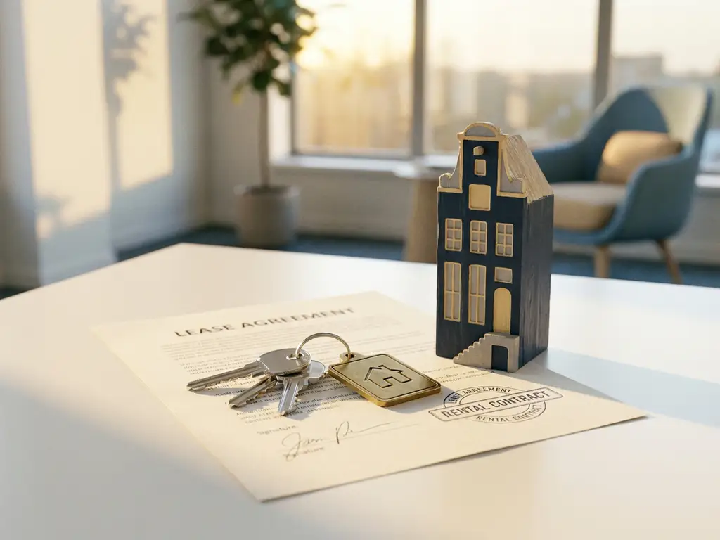 Glanzende huissleutels op een ondertekend huurcontract naast een houten miniatuur van een Hollands grachtenpand op een wit bureau.