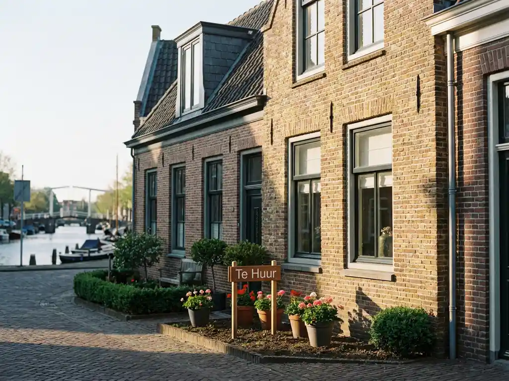 Huurwoning van rode baksteen in Alkmaar met "Te Huur"-bord in voortuin, zachte middagzon op de gevel, wazig kanaal op achtergrond.