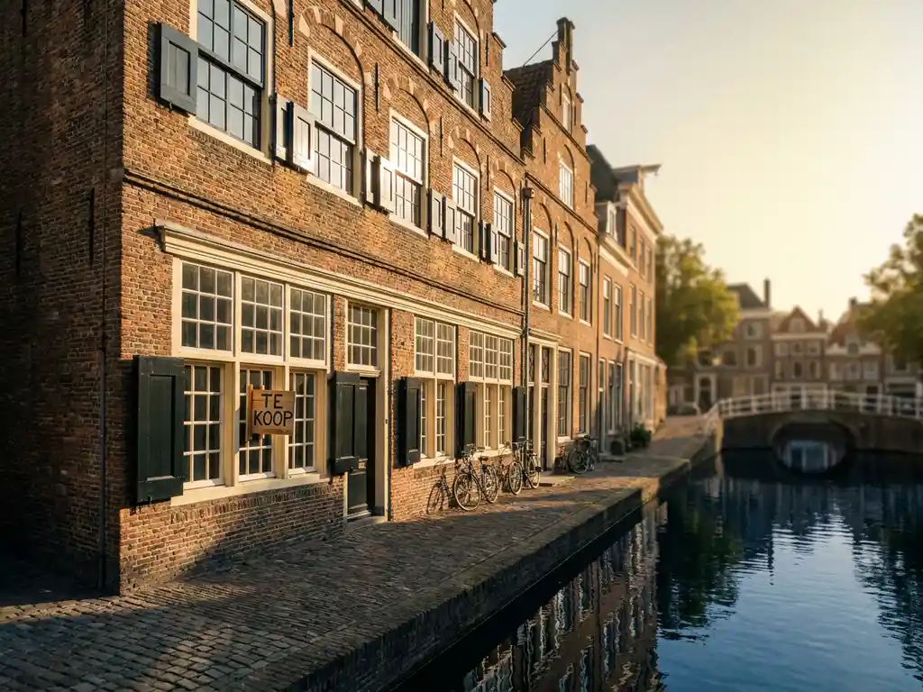 Klassiek Nederlands bakstenen beleggingspand in Alkmaar met grote ramen en te koop-bord aan een grachtenstraat.