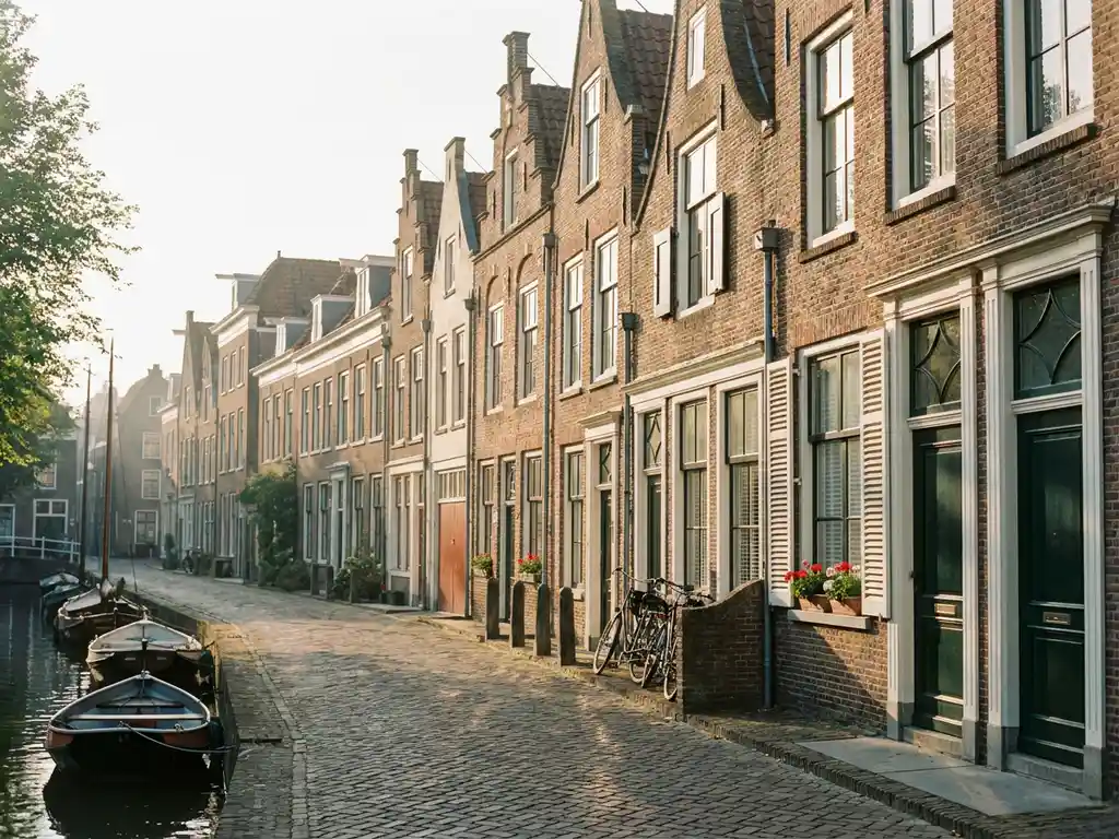 Klassieke Alkmaarder grachtenpanden met trapgevels, bakstenen gevels en witte kozijnen in zacht middaglicht.