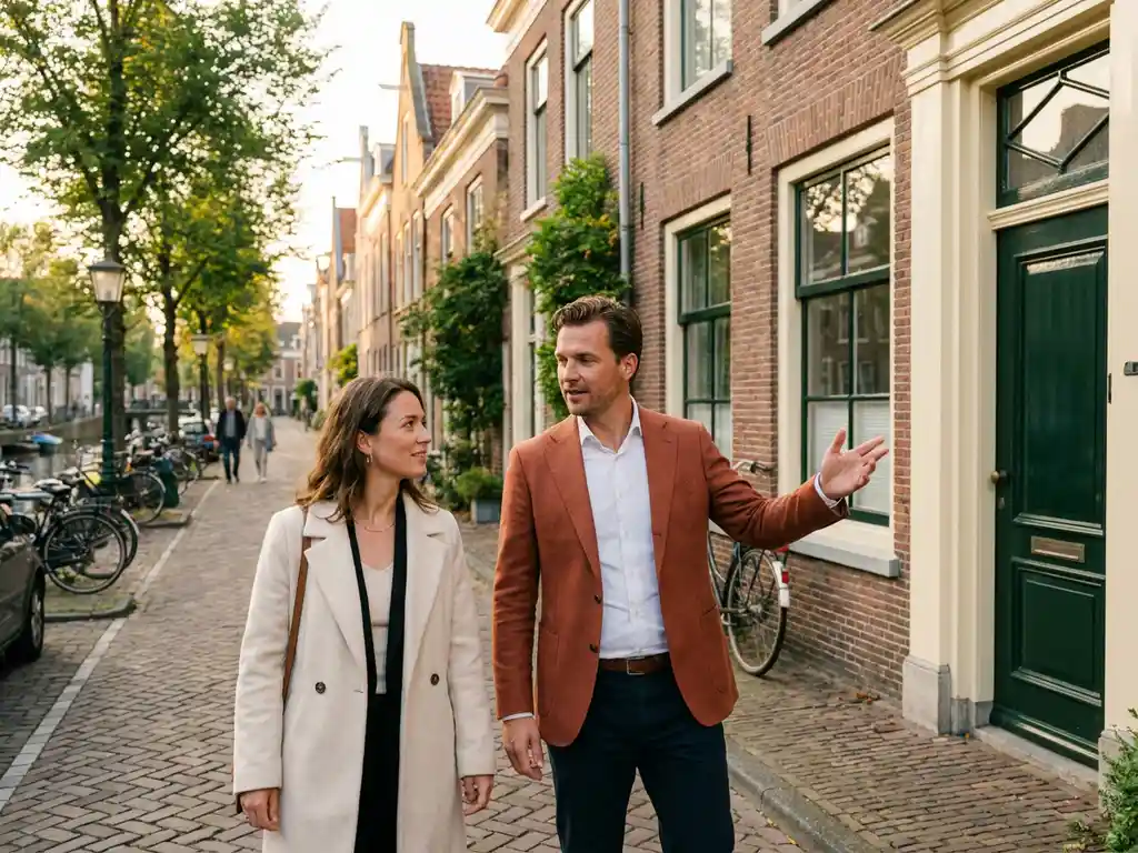 Makelaar begeleidt klant langs traditionele Alkmaarse grachtenpanden met trapgevels in warm middaglicht.