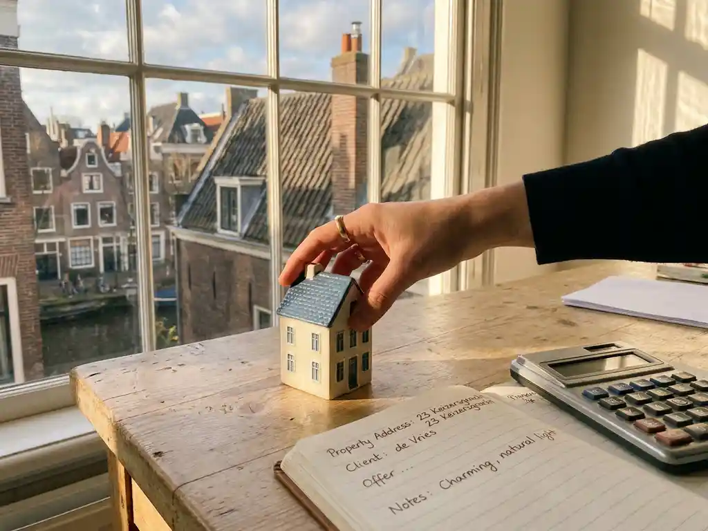 Makelaar plaatst miniatuur woning op houten bureau met notitieboek en rekenmachine, Nederlandse daklijnen zichtbaar op achtergrond.