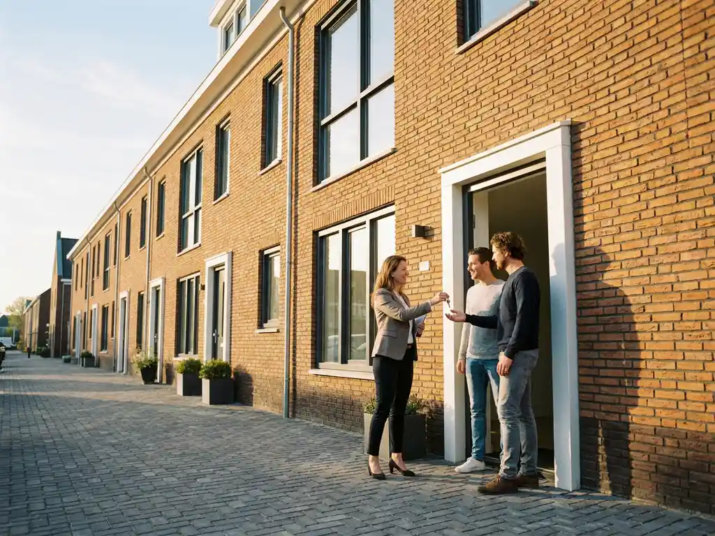 Makelaar overhandigt sleutel bij nieuwbouw rijtjeshuis in Alkmaar met terracotta bakstenen gevel en moderne ramen.
