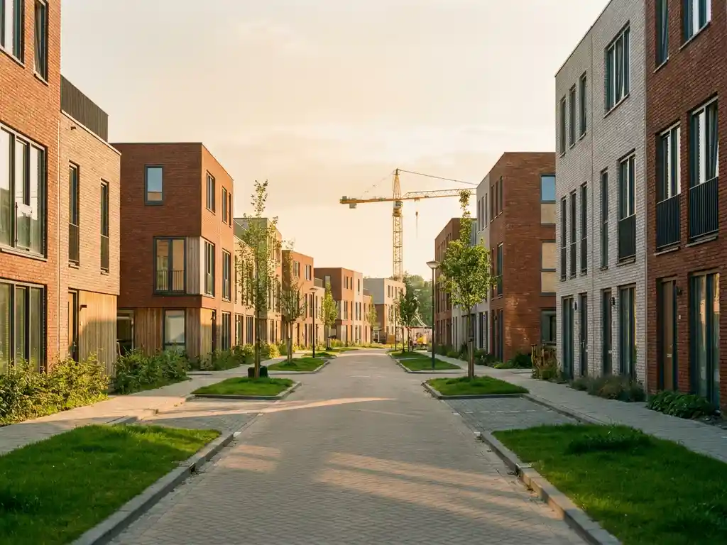 Nieuw gebouwde rijtjeshuizen in Alkmaar met terracotta bakstenen gevels, grote ramen en een bouwkraan op de achtergrond.