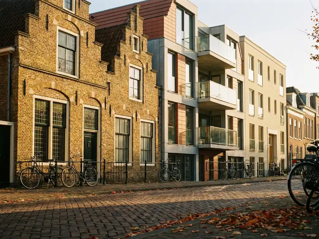 Klassiek Amsterdams grachtenpand in terracottasteen naast modern appartementengebouw aan een straat in Alkmaar, gouden herfstlicht.