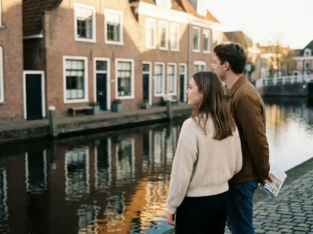 Jong stel bij Alkmaar gracht bekijkt traditioneel Nederlands grachtenpand met witte kozijnen, makelaarsbrochure onder de arm.