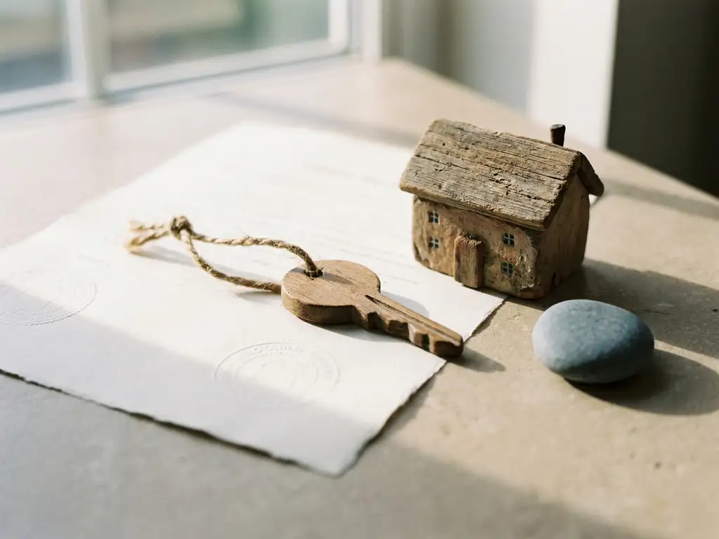 Verouderde houten huissleutel op notarieel document naast miniatuur woning op stenen bureau, zachte natuurlijke belichting.