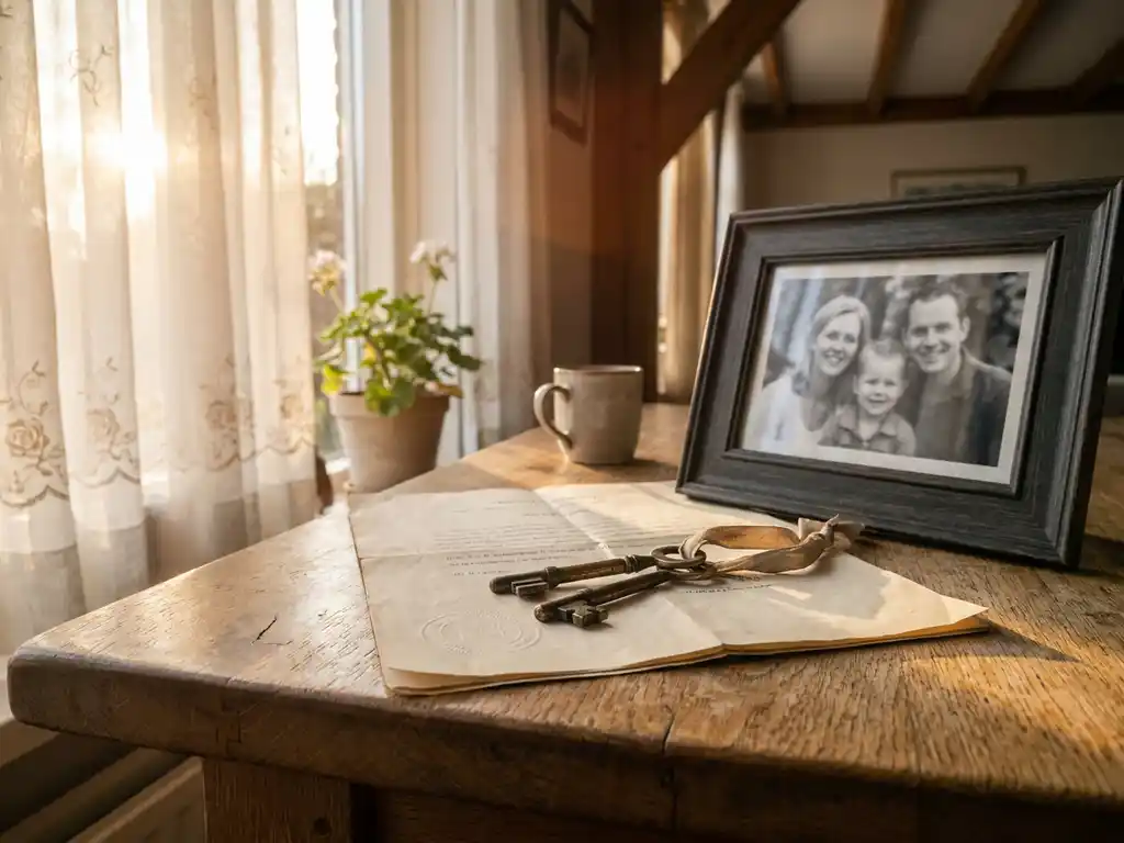 Versleutelde huissleutels op een juridisch document naast een ingelijste familiefoto op een eiken tafel in warm middaglicht.