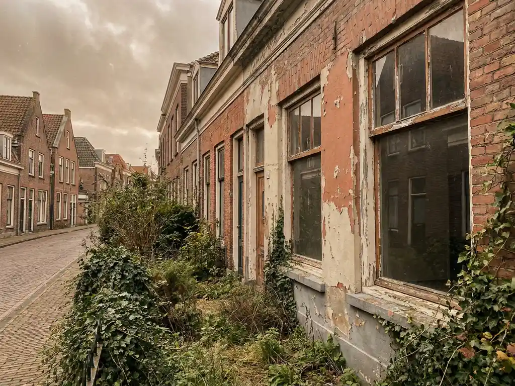 Verweerde Nederlandse rijtjeswoning in Alkmaar met afbladderende verf, gebarsten kozijnen en overwoekerde voortuin.