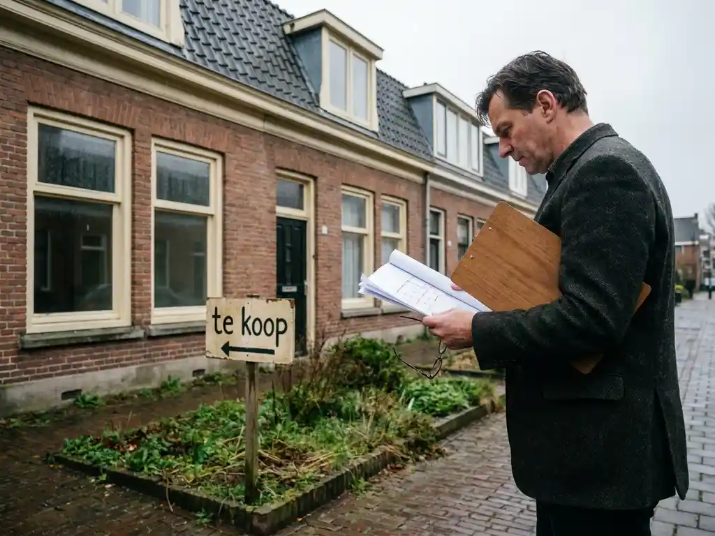 Projectontwikkelaar bekijkt bouwplannen op klembord voor te koop staand verweerd bakstenen rijtjeshuis in Alkmaar.