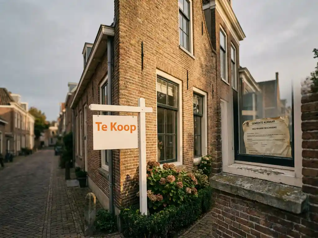 Bakstenen grachtenpand in Alkmaar met Te Koop-bord in voortuin en WOZ-beschikking op vensterbank, zacht middaglicht.