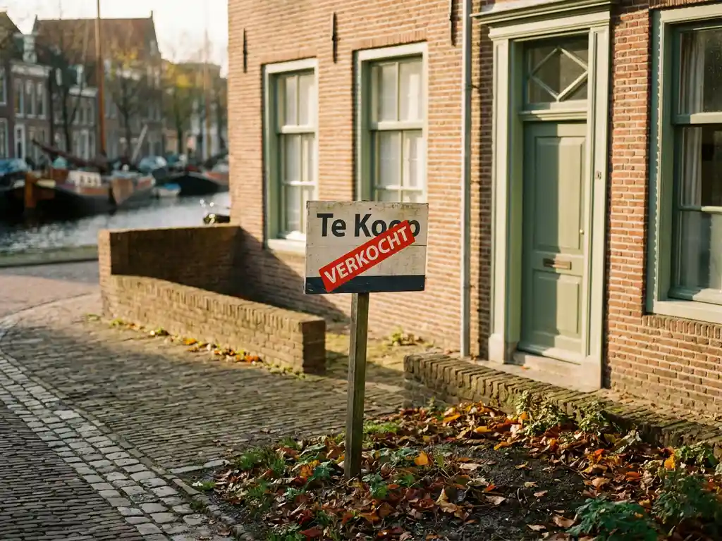 Verkocht Te Koop-bord voor een klassiek Alkmaarder grachtenpand van rode baksteen met saliegroen kozijnen in herfstig middaglicht.