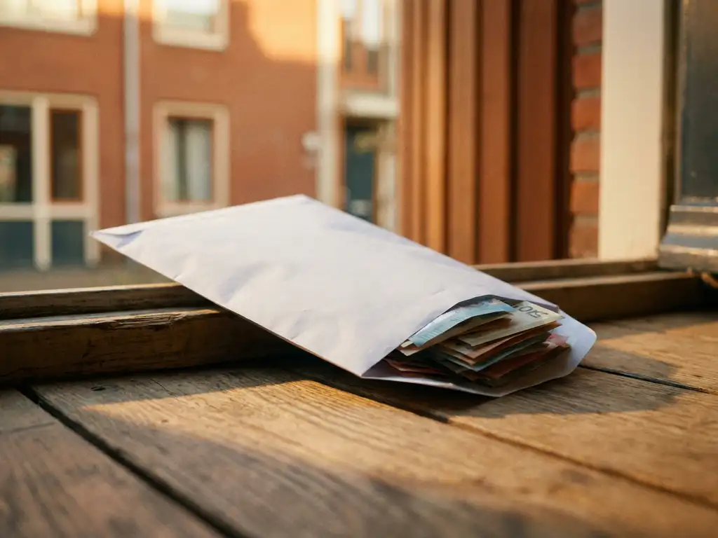 Witte envelop gevuld met eurobiljetten op een Nederlandse drempel, met een bakstenen gevel op de achtergrond.