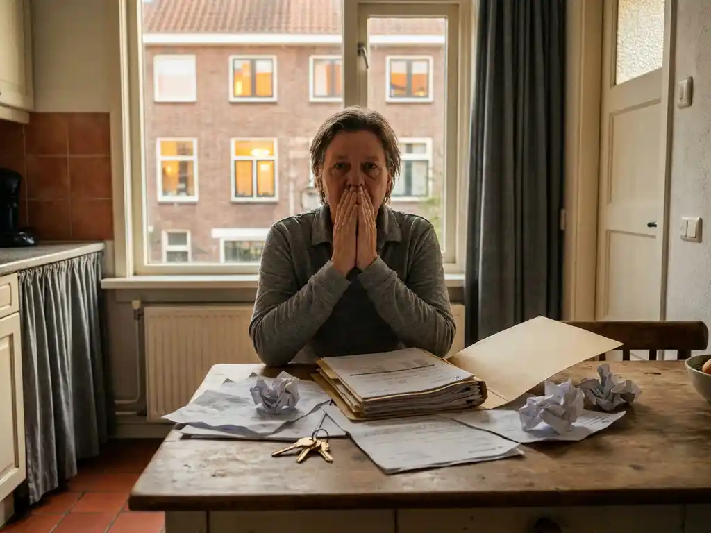 Gestresste huiseigenaar aan keukentafel met verspreid papierwerk, sleutels en documentenmap, Nederlandse rijwoning zichtbaar op achtergrond.