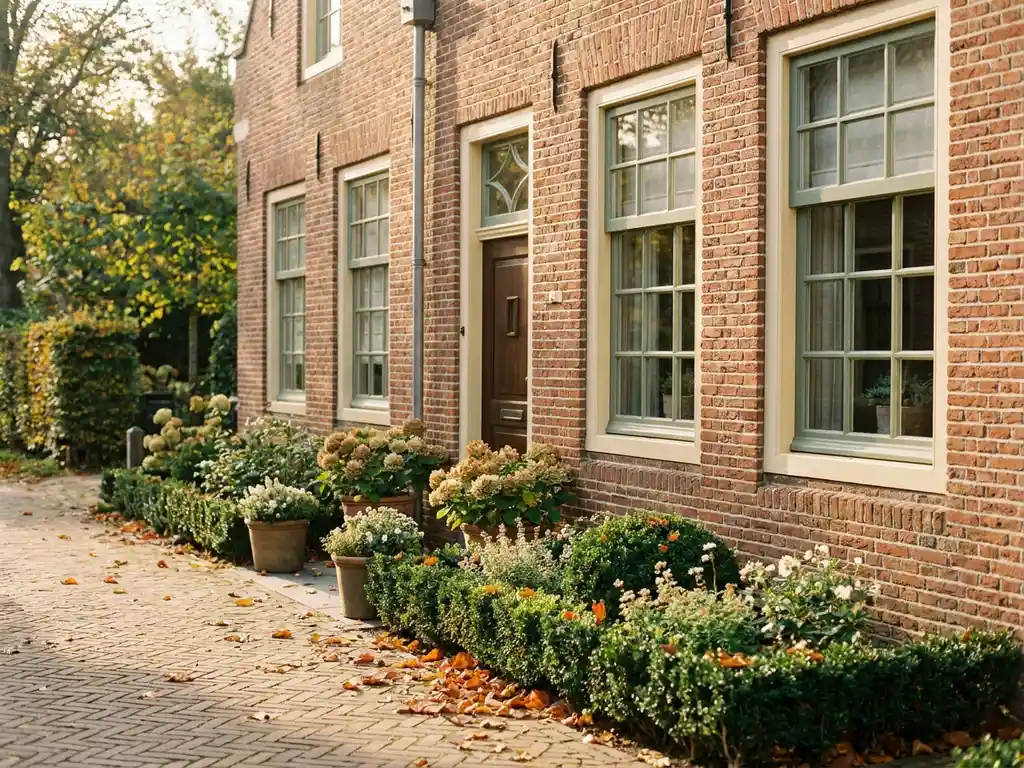 Verzorgde Nederlandse bakstenen stadswoning met terracottakleurige gevel, salie groene kozijnen en herfstbladeren op het tuinpad in warm middaglicht.