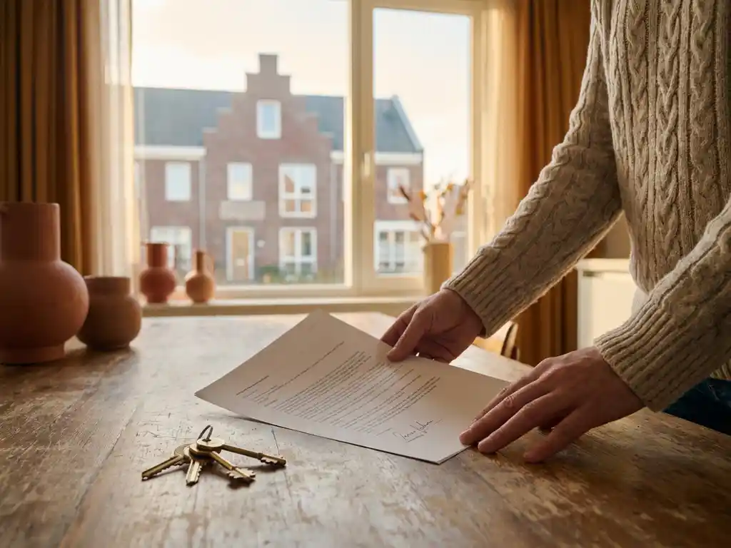 Huiseigenaar legt getekend document naast sleutels op houten tafel, met Nederlandse rijtjeswoning zichtbaar door zonnig raam.