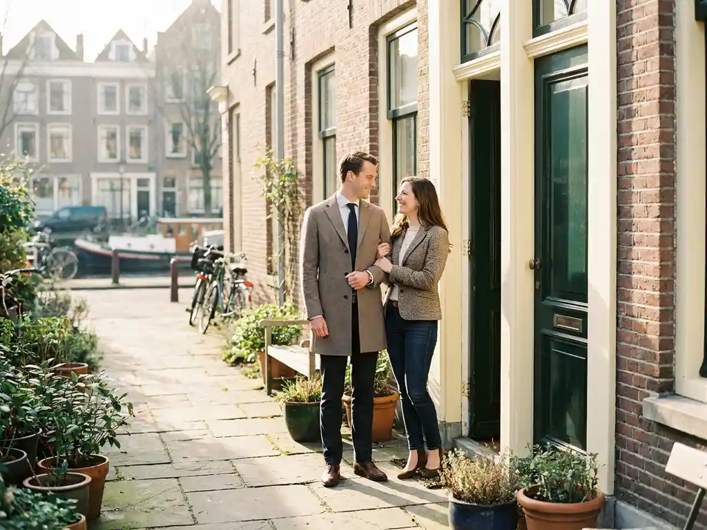 Goed gekleed stel bij de voordeur van een Hollands bakstenen grachtenpand in warm middaglicht.
