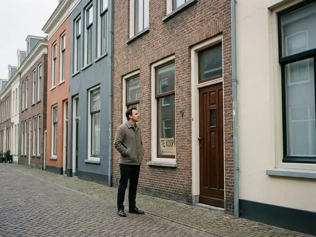 Onzekere koper voor een Nederlandse rijtjeswoning met Te Koop-bord, handen in zakken, bewolkte lucht.