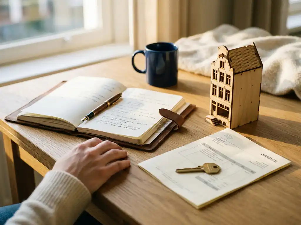 Eikenhouten bureau met huissleutel, factuur en schaalmodel van Hollandse rijtjeswoning naast opengeslagen leren notitieboek in warm goudlicht.