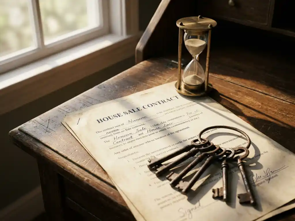 Ondertekend koopcontract op notaristafel met ijzeren huissleutels en zandloper, warm licht benadrukt urgentie bij huisverkoop.