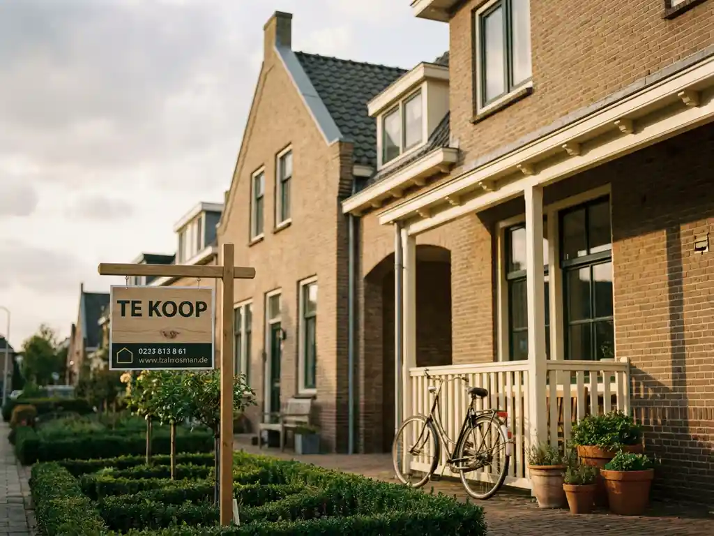 Te koop-bord in voortuin van bewoonde Nederlandse huurwoning met bakstenen gevel, fiets en bloempotten op veranda.