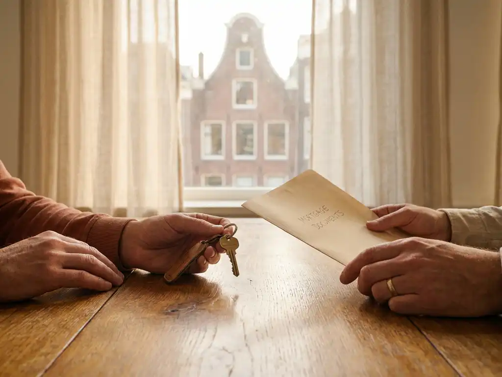 Koppel aan eiken keukentafel met huissleutel en hypotheekmapper, Amsterdams grachtenpand zichtbaar door het raam.