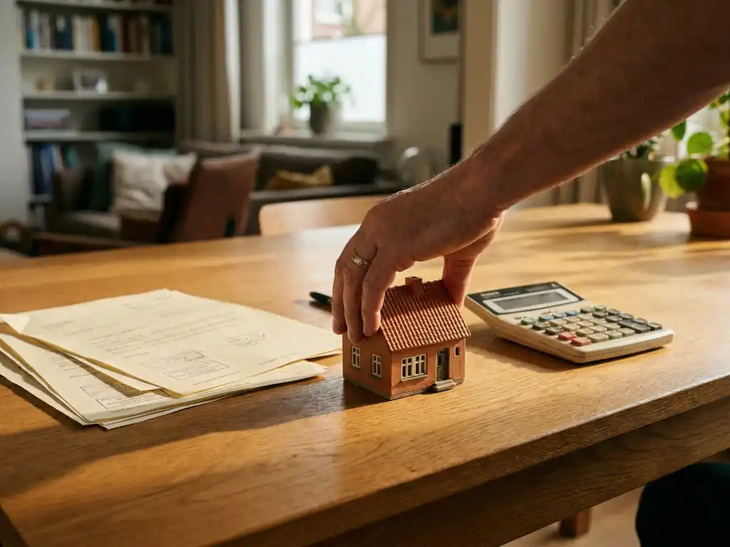 Hand plaatst miniatuur huismodel naast officiële documenten en rekenmachine op eiken bureau in warm verlicht Nederlands interieur.