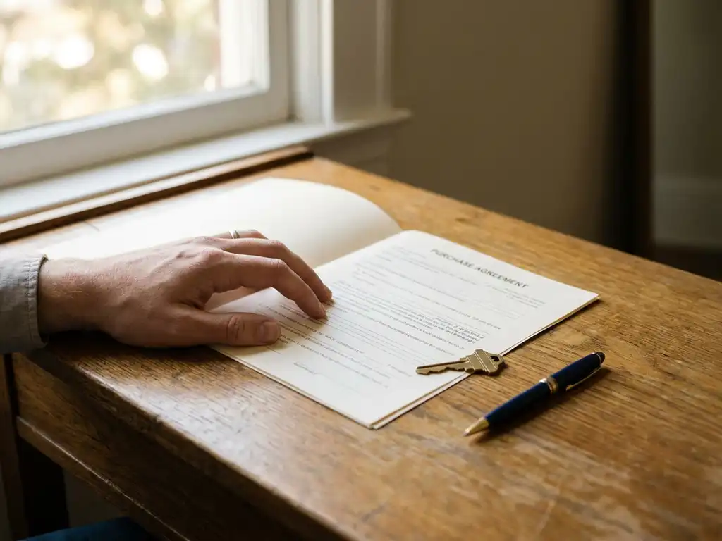 Hand boven ongetekend koopcontract op eikenhouten bureau, huissleutel en pen ernaast, warm middaglicht, beslissingsmoment bij woningaankoop.
