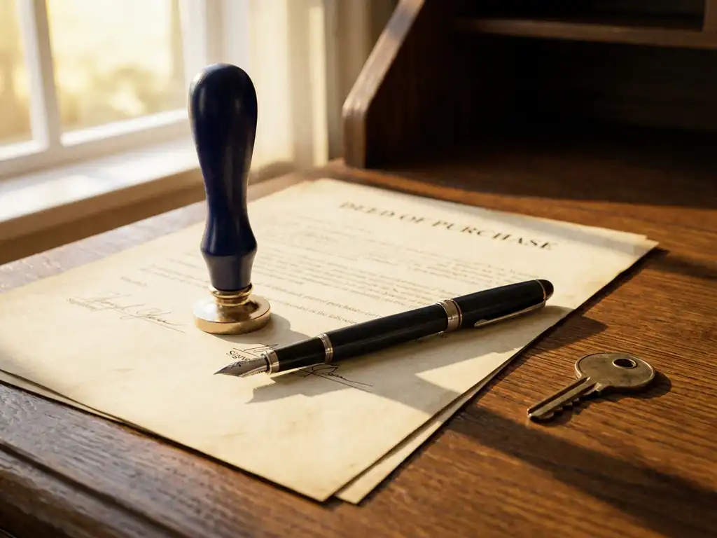 Notarieel zegel en vulpen op ondertekende koopakte met messing huissleutel op donker eiken bureau.