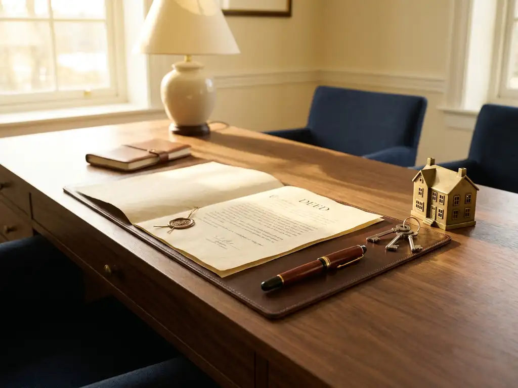 Notarieel bureau met officiële koopakte, vulpen, zilveren sleutels en klein koperen huismodel in warm middaglicht.