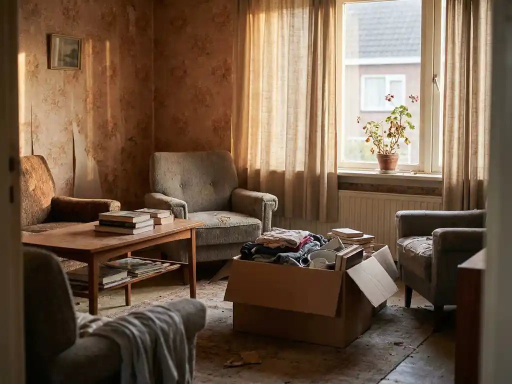 Rommelige Nederlandse woonkamer met ongelijksoortig meubilair, afbladderd behang en overvolle verhuisdoos naast een verwelkte kamerplant.