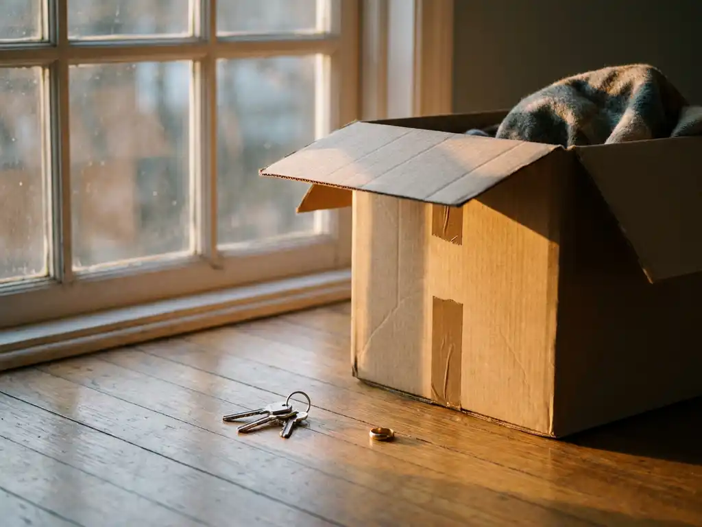 Half ingepakte verhuisdoos op houten vloer naast huissleutels en een trouwring, zacht middaglicht door kaal raam.