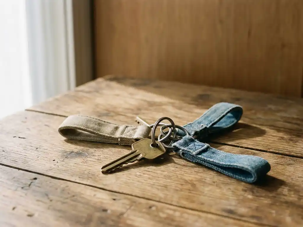 Huissleutel op houten tafel met twee verwarde sleutelhangers, symbolisch voor gedeeld eigendom, in zacht natuurlijk licht.