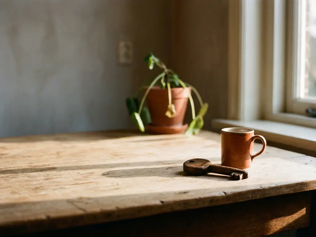 Versleutelde houten huissleutel op lege keukentafel met lange middagschaduwen, verwelkte plant op achtergrond, Nederlandse woning.