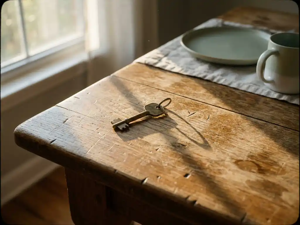 Enkele huissleutel op een versleten houten tafel, gedekt voor één persoon, met zacht middaglicht dat een lange schaduw werpt.