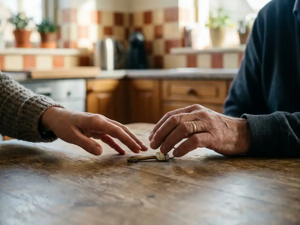 Huissleutel op houten tafel waarbij één hand ernaar reikt en een andere hand die tegenhoudt, emotioneel geladen moment bij scheiding.