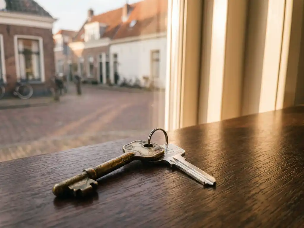 Oude messing sleutel en moderne zilveren sleutel op gepolijst hout, met een wazige Nederlandse woonstraat op de achtergrond.