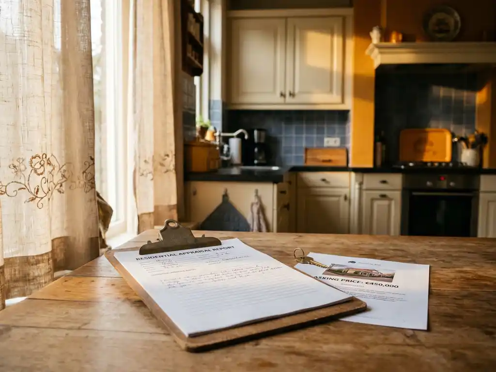 Taxatierapport op klembord naast huissleutel en vraagprijsblad op houten keukentafel in Nederlandse woning, warm middaglicht.