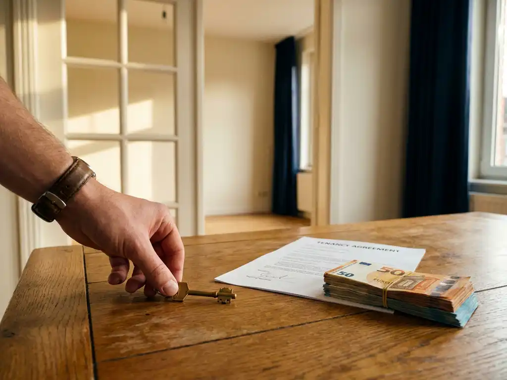 Verhuurder legt sleutel op eikenhouten tafel naast getekend huurcontract en eurobiljetten, leeg appartement op achtergrond.