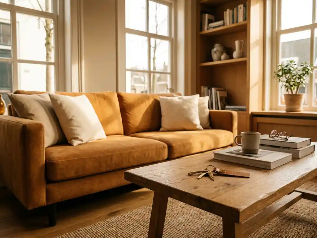 Sleutels op een houten salontafel in een gezellige Nederlandse woonkamer met warme amber- en eikenhouttinten bij goudkleurig middaglicht.